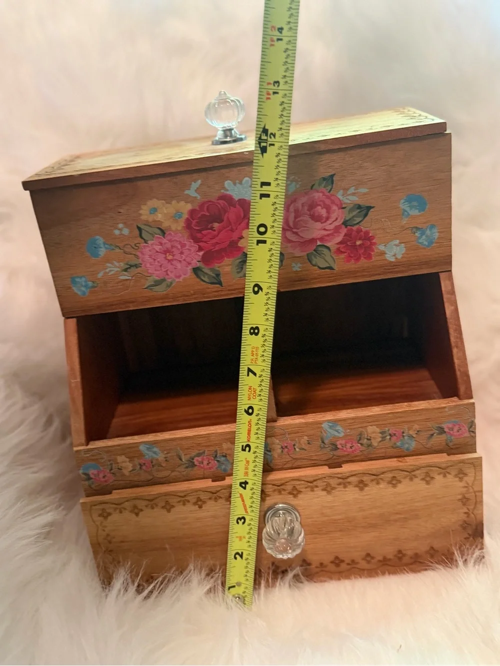 Pioneer Woman Hand-Painted Floral Wooden Storage Box - Natural Wood and Pink